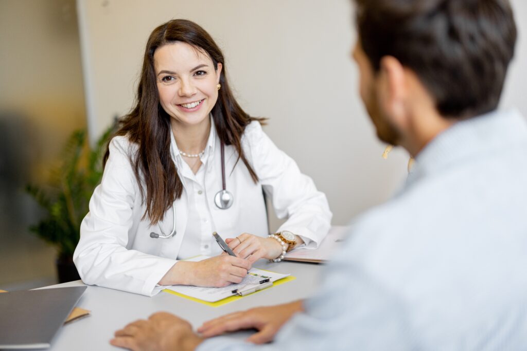 A calm clinical consultation scene