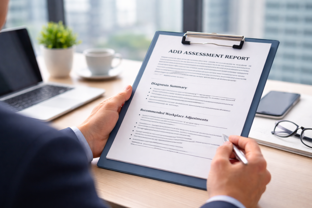 Adult reviewing a private ADHD diagnosis report in a professional London workplace setting