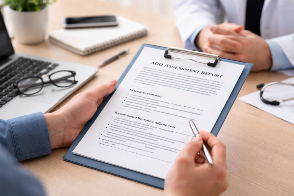 Adult reviewing ADHD workplace documentation with a clinician in a London office setting