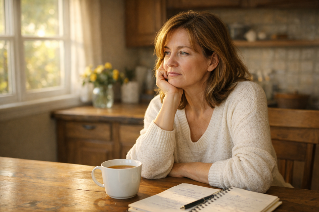 Woman in her late forties looking distracted and thoughtful at a kitchen table, representing the overlap between ADHD symptoms and menopause in midlife women