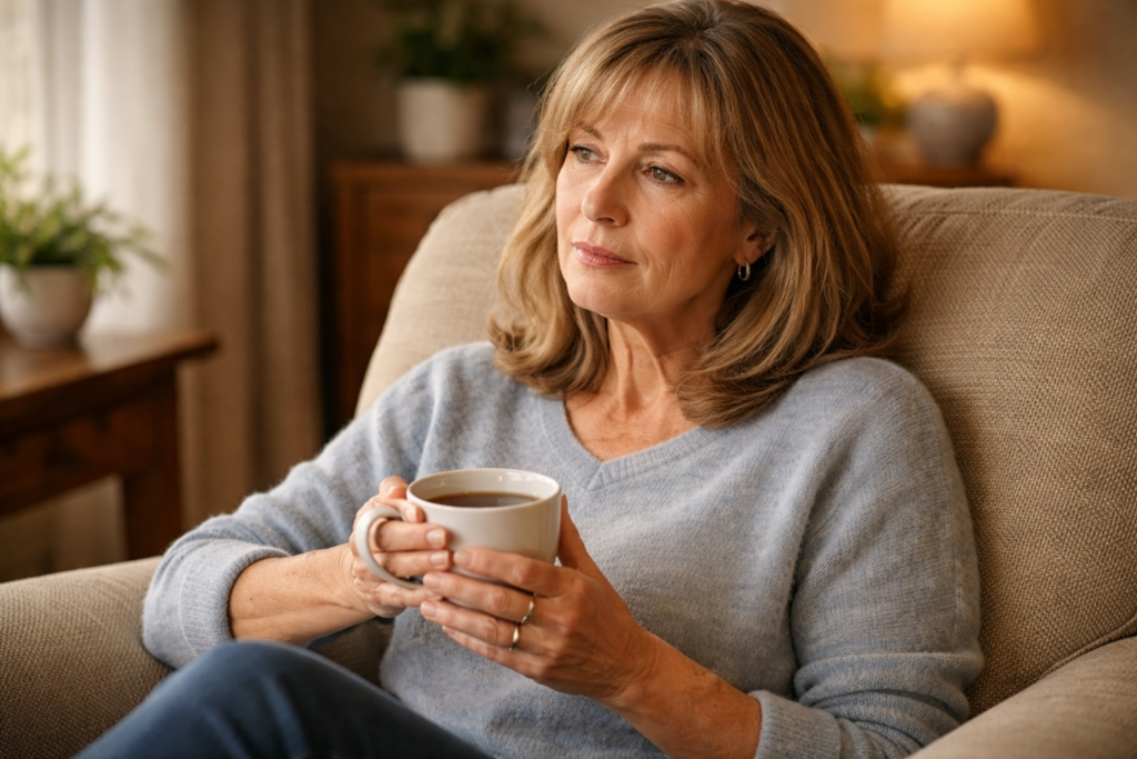 Older adult in their late fifties sitting thoughtfully in an armchair, representing late ADHD diagnosis in adults over 50 in the UK