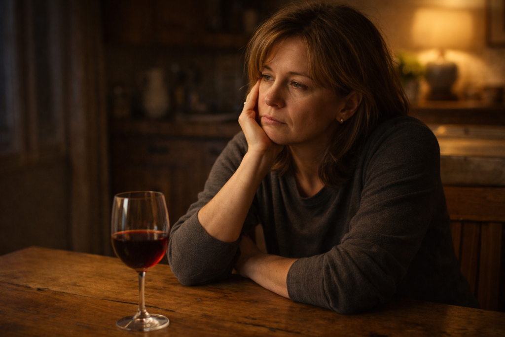 Adult sitting alone at a table in the evening looking exhausted, representing the link between undiagnosed ADHD and alcohol use in adults across the UK