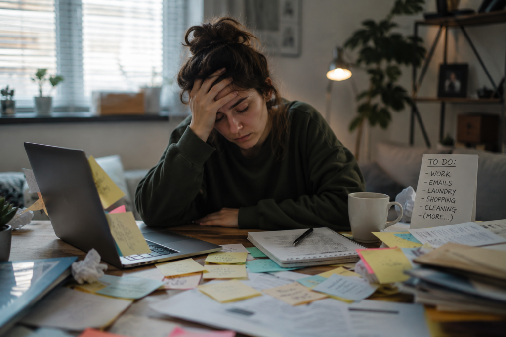 Adult woman experiencing ADHD burnout while sitting at a cluttered desk with notes, paperwork and a laptop, showing signs of mental exhaustion and overwhelm in a realistic home office setting.
