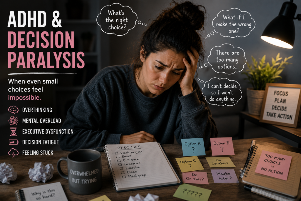 Adult woman with ADHD experiencing decision paralysis while sitting at a desk surrounded by notes, options and unfinished tasks, illustrating overwhelm, overthinking and executive dysfunction.