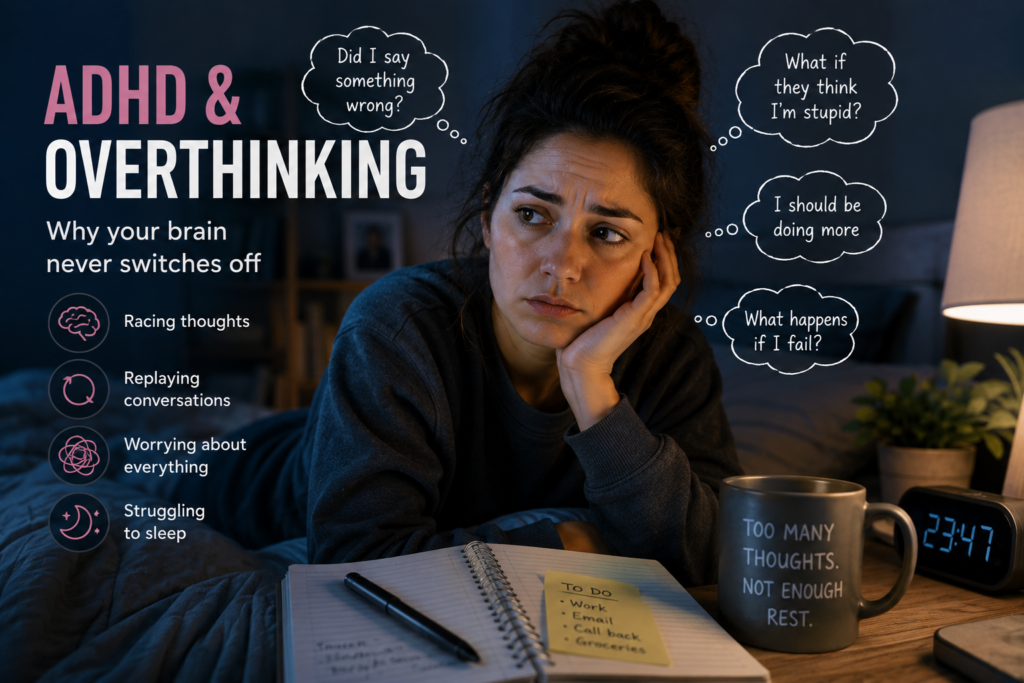 Adult woman with ADHD lying awake at night experiencing racing thoughts and overthinking, illustrating mental overwhelm, anxiety and difficulty switching off in a realistic bedroom setting