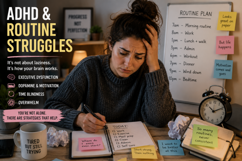 Overwhelmed adult woman with ADHD trying to follow a daily routine while sitting at a desk surrounded by planners, sticky notes and reminders, illustrating executive dysfunction, time blindness and difficulty maintaining habits.