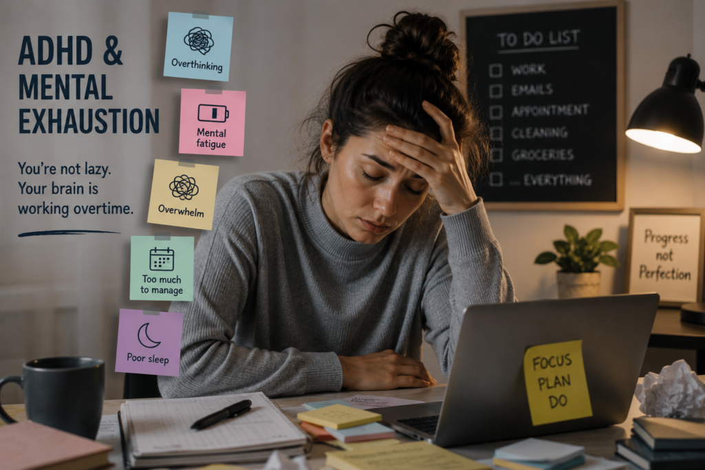 Mentally exhausted adult woman with ADHD sitting at a desk late at night, surrounded by reminders, paperwork and a laptop, illustrating overwhelm, executive dysfunction and chronic mental fatigue.