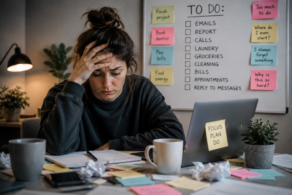 Overwhelmed adult woman with ADHD sitting at a cluttered desk surrounded by notes, reminders and unfinished tasks, illustrating executive dysfunction and difficulty managing everyday responsibilities.