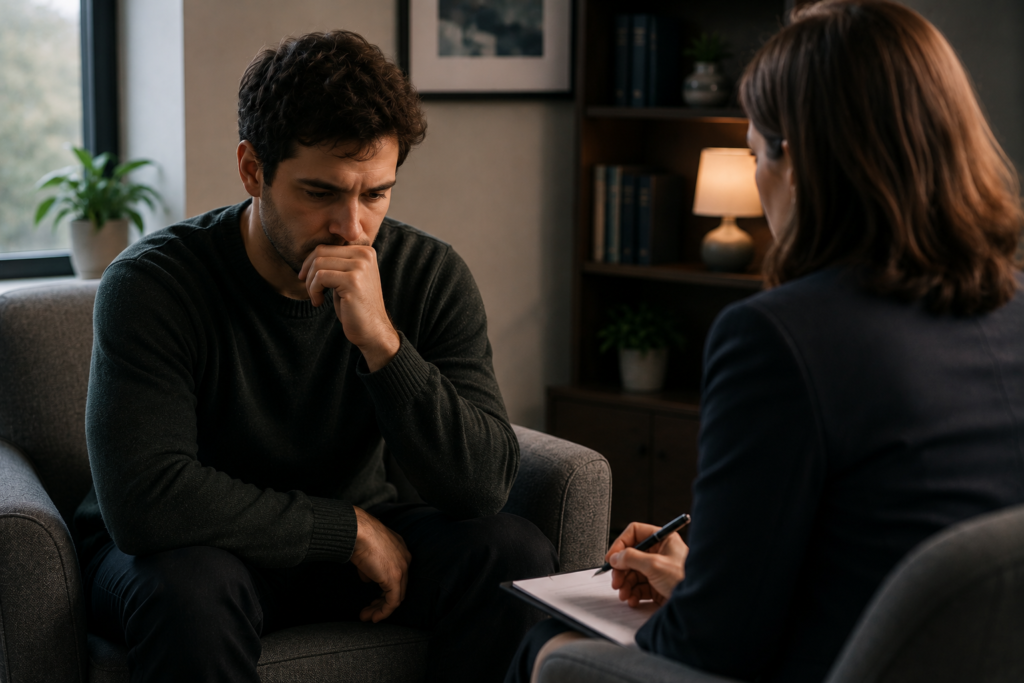 Adult sitting quietly in deep thought during a private psychiatric consultation for Pure O OCD