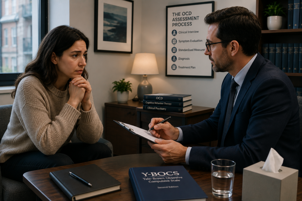 Psychiatrist conducting a comprehensive OCD assessment with an adult patient in a private consultation room