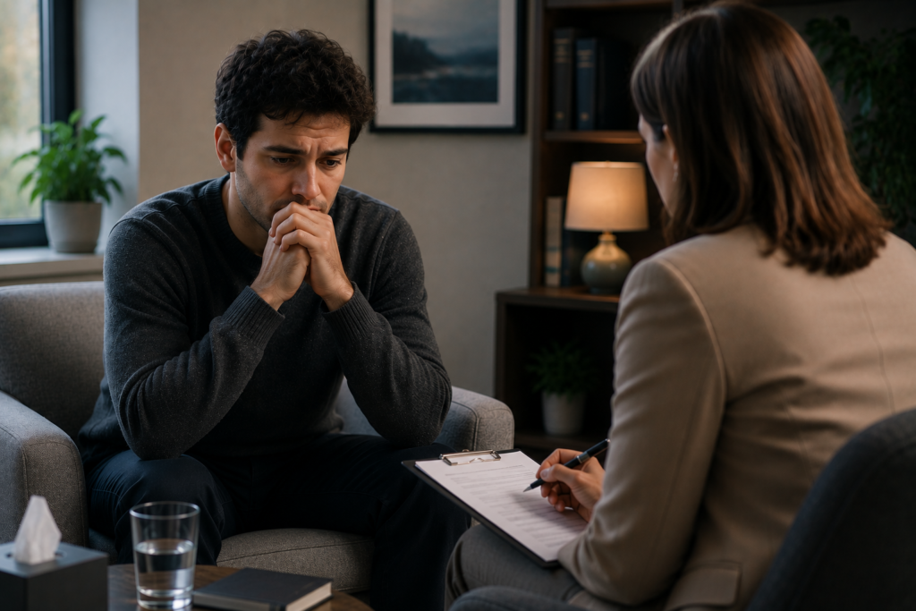 Adult discussing distressing intrusive thoughts with a psychiatrist during a private mental health consultation