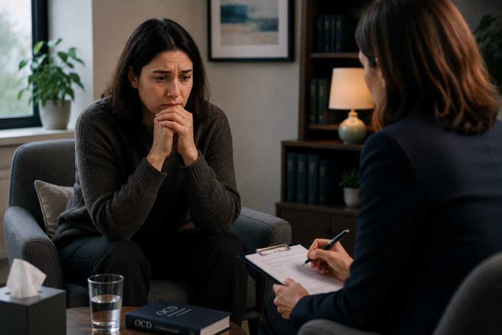 Adult discussing possible OCD misdiagnosis during a private psychiatric assessment