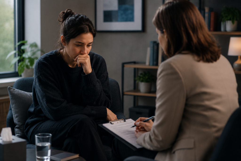 Adult sitting with a psychiatrist during a trauma assessment consultation in a modern private clinic