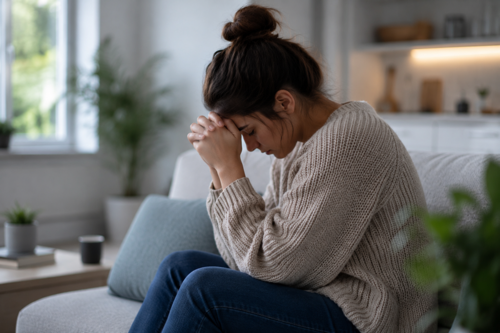 Adult experiencing anxiety and intrusive thoughts associated with Harm OCD in a calm home setting.