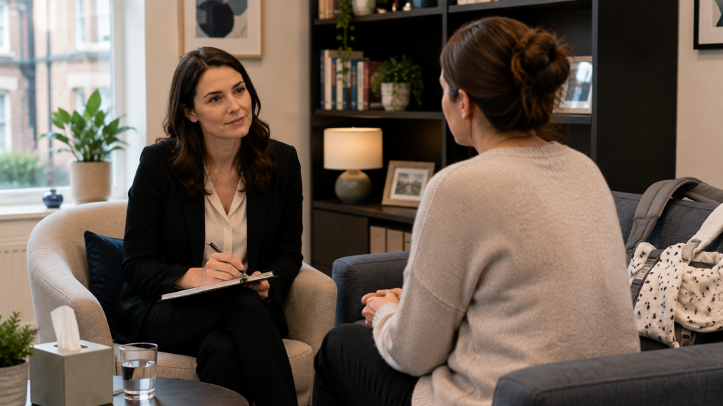 Psychiatrist supporting a new parent during a Postpartum OCD assessment in a modern consultation room.